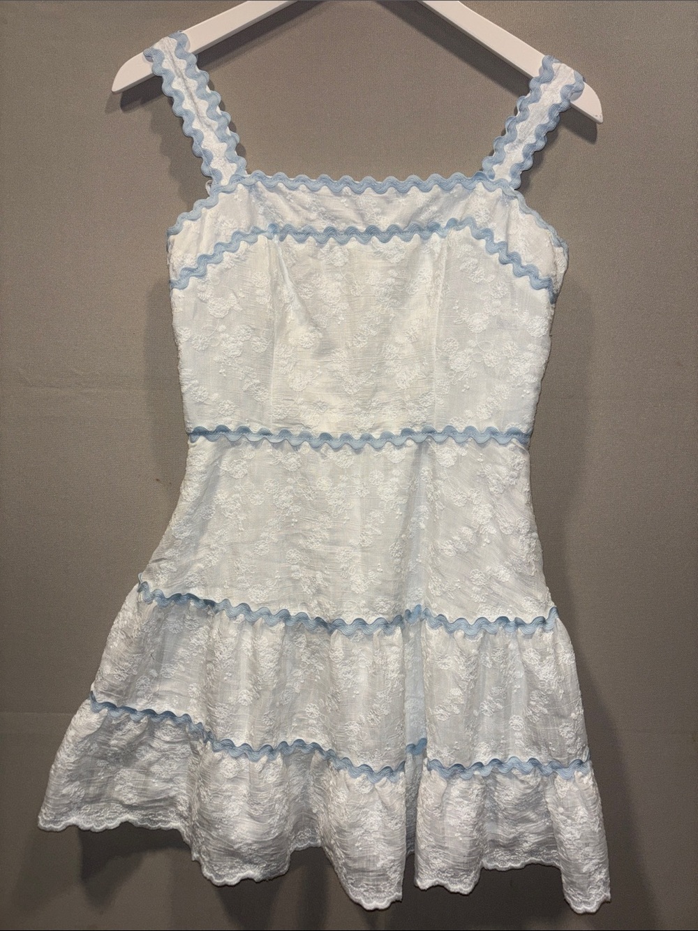 Altar'd State White Lace Mini Dress with Light Blue Trim